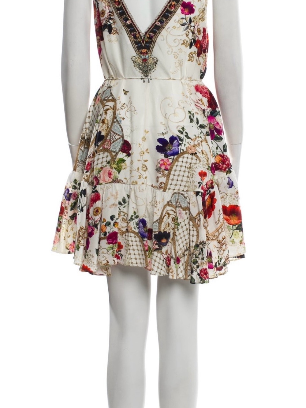 Camilla Cream Floral Tie-Waist Tiered Sundress 100% silk - Picture 2 of 7